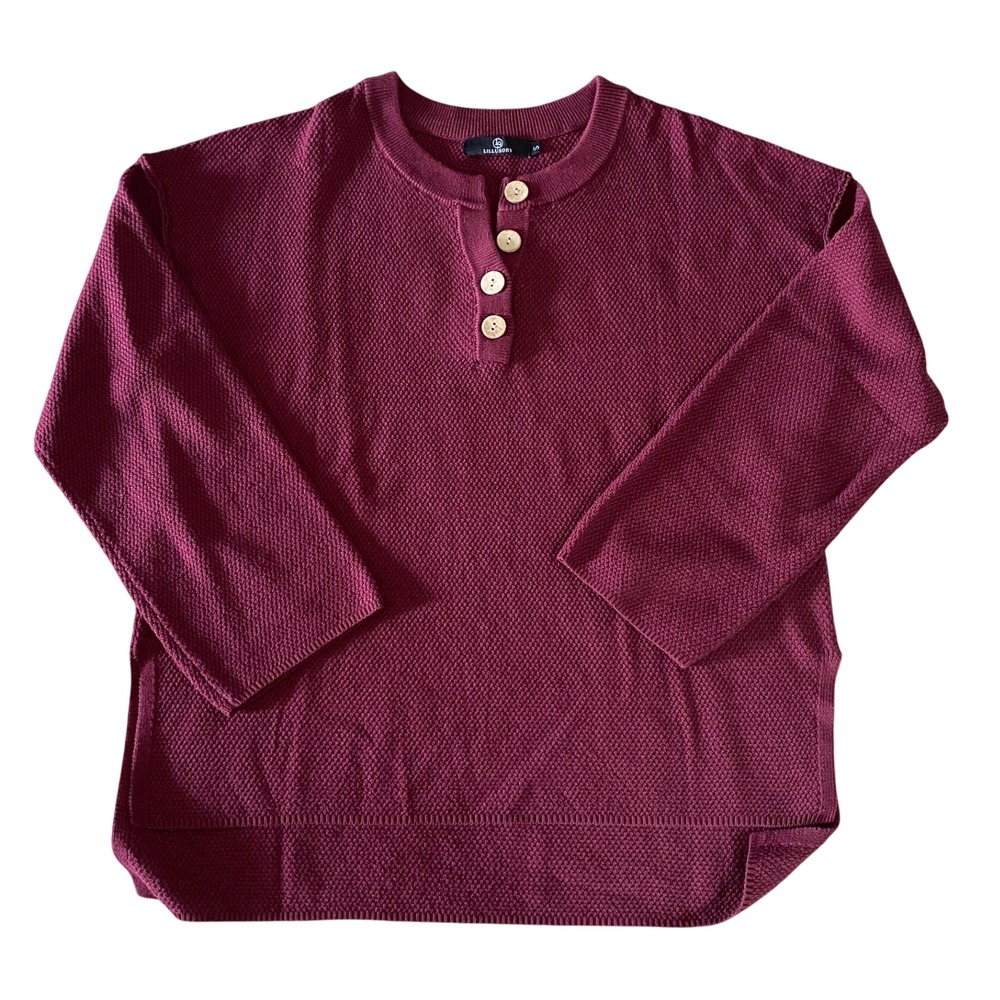 LILLUSORY Burgundy Waffle Knit Henley Sweater 3/4 Sleeve Cotton Blend Size S